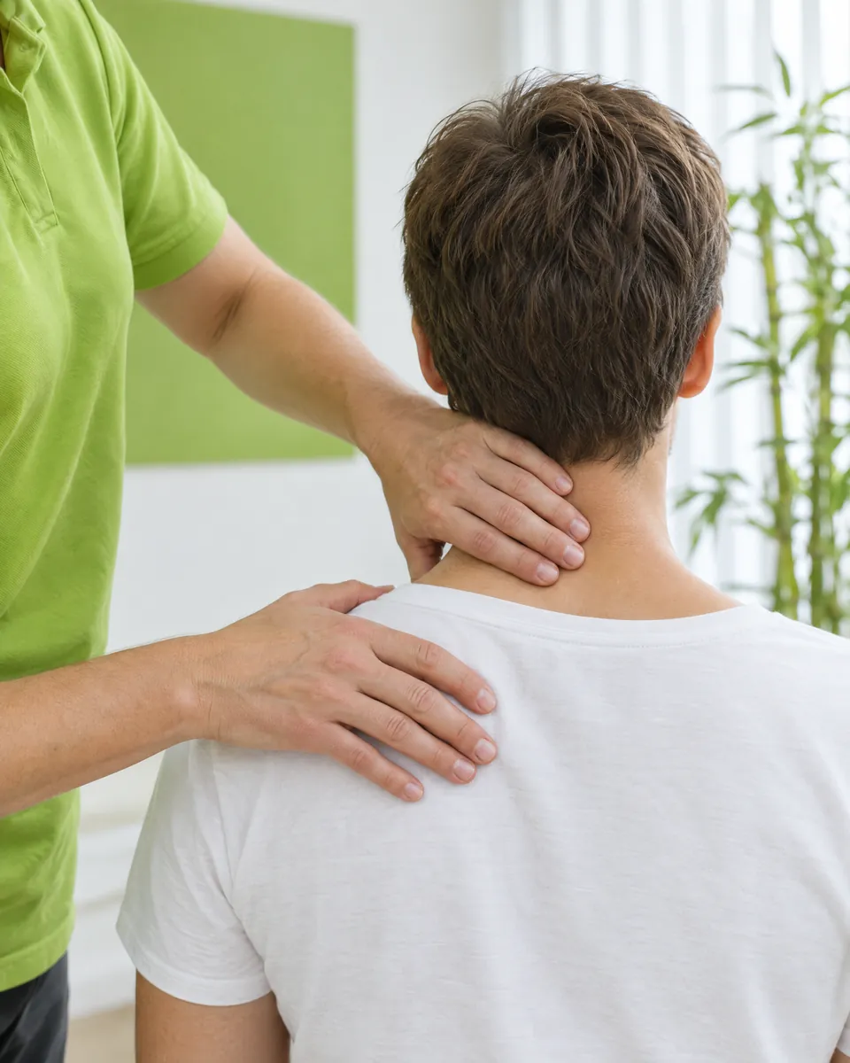 Hände einer Therapeutin im grünen Poloshirt behandeln Schulter und Nacken eines Patienten